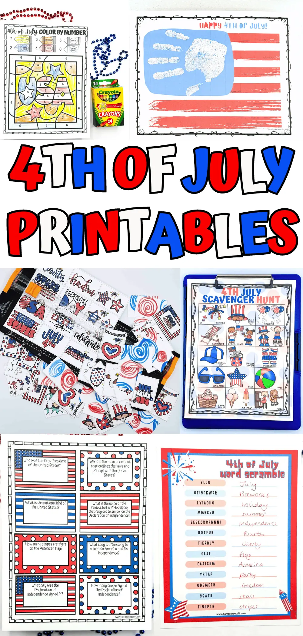 A collage of Fourth of July-themed printables including cut-out decorations with patriotic symbols and phrases, a scavenger hunt sheet with illustrations of festive items, a color-by-number activity with a USA design, a trivia quiz about American history, a word scramble game with 4th of July words, and a handprint craft resembling the American flag with "Happy 4th of July" written above.

