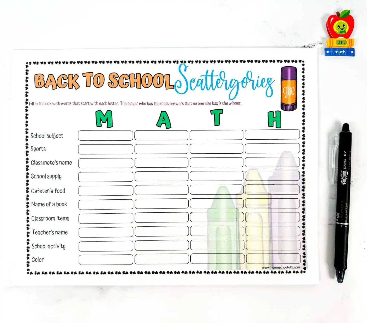 back to school scattergories board with the letters MATH