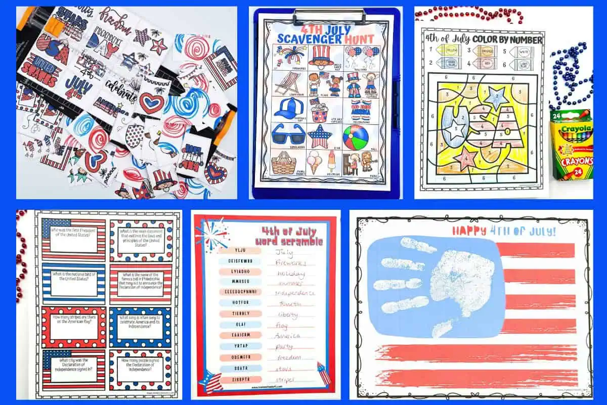 A collage of Fourth of July-themed printables including cut-out decorations with patriotic symbols and phrases, a scavenger hunt sheet with illustrations of festive items, a color-by-number activity with a USA design, a trivia quiz about American history, a word scramble game with 4th of July words, and a handprint craft resembling the American flag with "Happy 4th of July" written above.