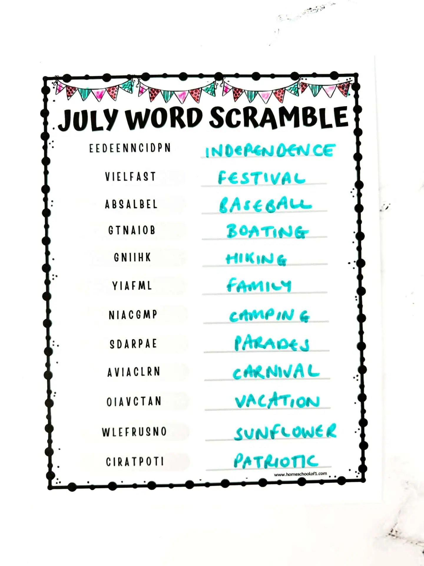 JULY WORD SCRAMBLE PRINTABLE