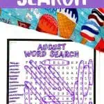 A word search puzzle themed for August with words like "sizzling", "bonfire", "melons", and "thunderstorm". The puzzle is partially solved with words circled in purple.