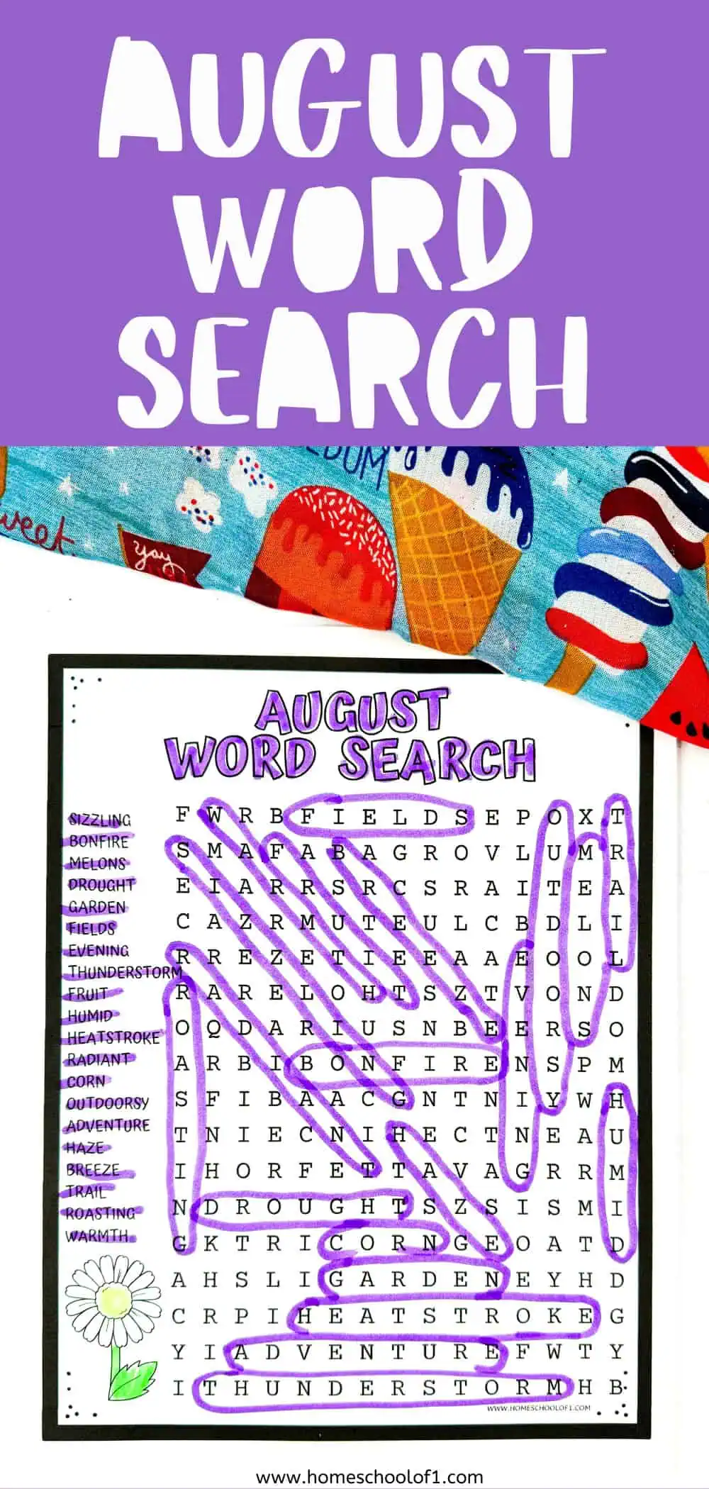 A word search puzzle themed for August with words like "sizzling", "bonfire", "melons", and "thunderstorm". The puzzle is partially solved with words circled in purple.