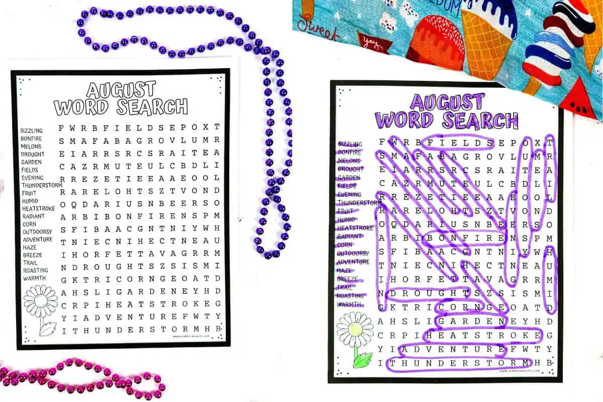 Two versions of an August-themed word search. The words to find include summer-related terms like "sizzling", "bonfire", "melons", and "thunderstorm". One puzzle is partially solved with words circled in purple.