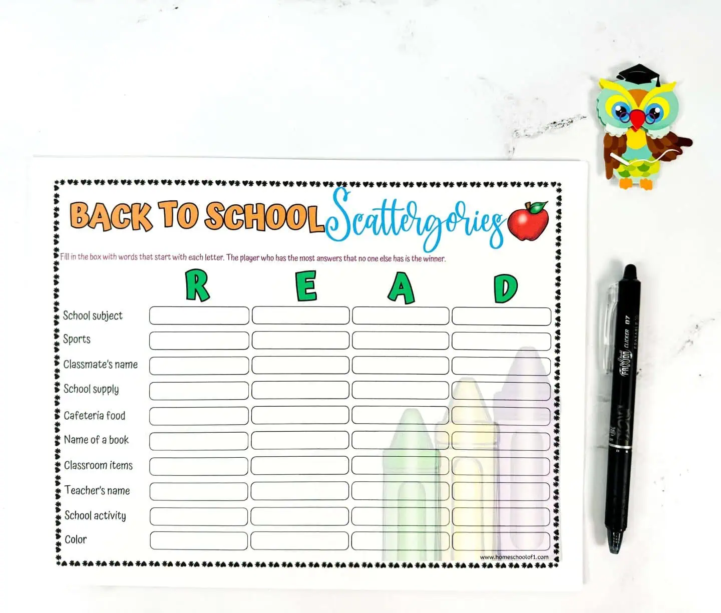 back to school scattergories board with the letters READ