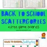 Four scattergories game boards with the titles "PLAY", "STAR", "READ", and "MATH". Each board has categories such as school subject, sports, classmate's name, and more, with a colorful crayon illustration.