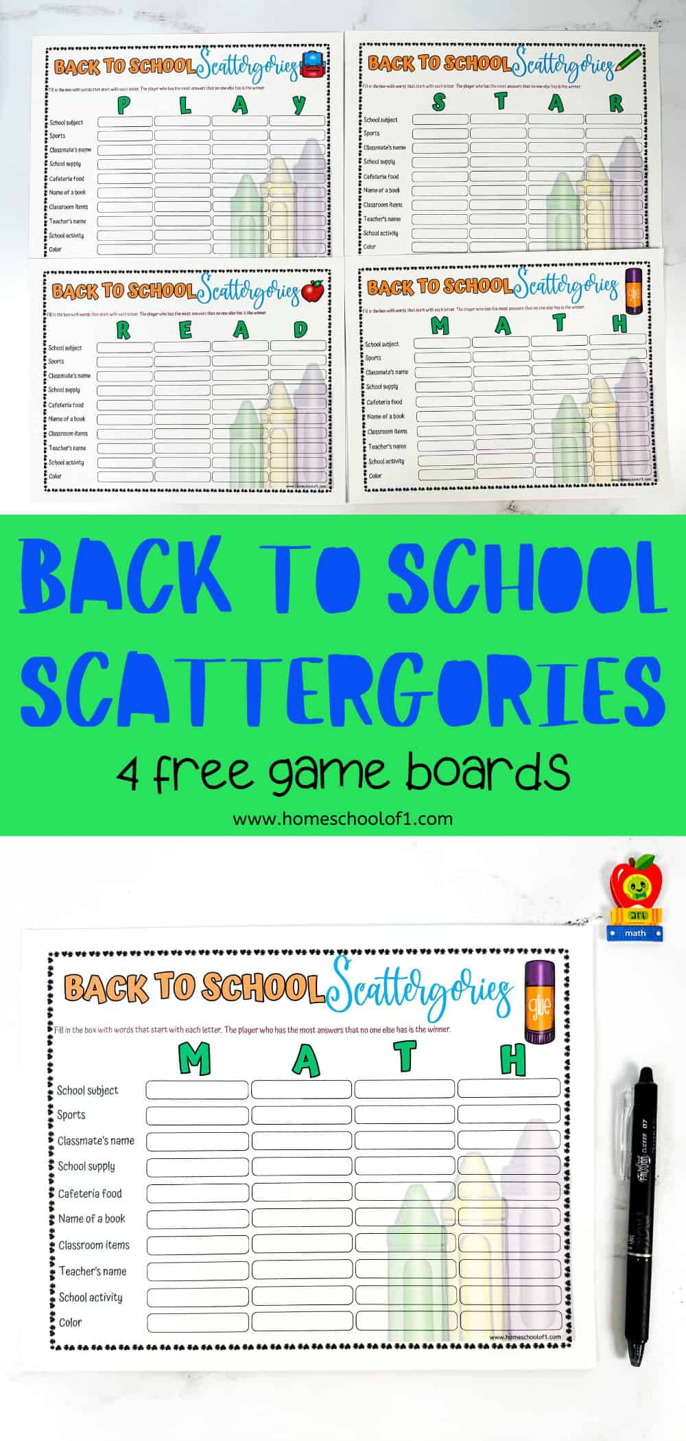 Four scattergories game boards with the titles "PLAY", "STAR", "READ", and "MATH". Each board has categories such as school subject, sports, classmate's name, and more, with a colorful crayon illustration.