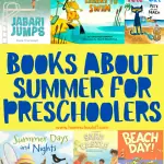 A colorful collage titled "Books About Summer for Preschoolers" with book covers including "And Then Comes Summer," "The Night Before Summer Vacation," "The Relatives Came," "Jabari Jumps," "Froggy Learns to Swim," "Pete the Cat: Pete at the Beach," "Summer Days and Nights," "Sand Castle," "Beach Day," "Ice Cream Summer," and "Summer is Summer."