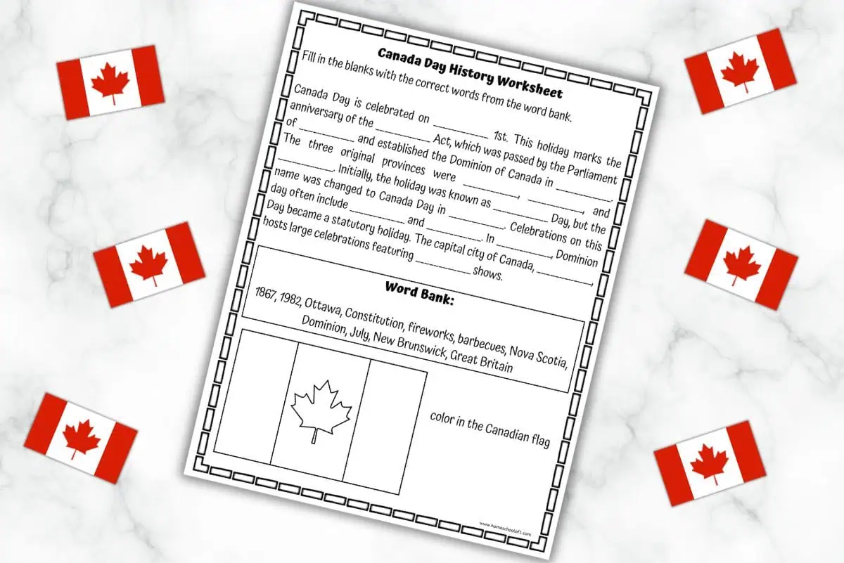 Canada Day history worksheet with a fill-in-the-blank activity. The worksheet includes a word bank with terms like '1867', '1982', 'Ottawa', 'Constitution', 'fireworks', 'barbecues', 'Nova Scotia', 'Dominion', 'July', 'New Brunswick', and 'Great Britain'. Canadian flags are placed around the worksheet.