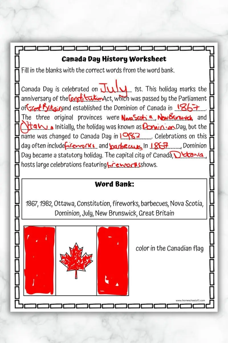 Completed Canada Day history worksheet with answers filled in using red ink. The answers include terms like 'July', 'Constitution', 'Great Britain', '1867', 'Nova Scotia', 'New Brunswick', 'Ottawa', 'Dominion Day', '1982', 'fireworks', 'barbecues', and 'Ottawa'. The Canadian flag is colored in red.