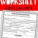 A Canada Day worksheet with the title 'Canada Day Worksheet - Fill in the Blank'. The worksheet contains a history fill-in-the-blank activity about Canada Day, a word bank, and an illustration of the Canadian flag to color in.