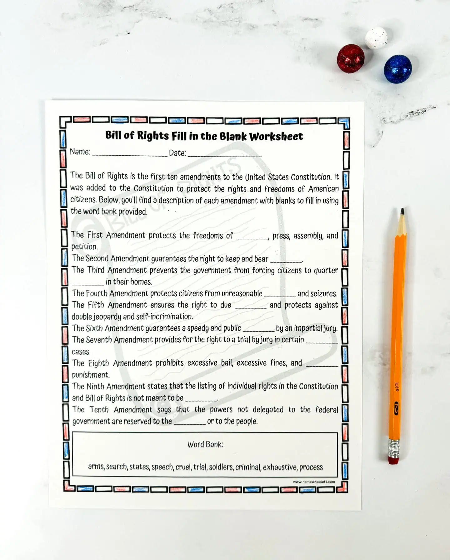 free bill of rights worksheet