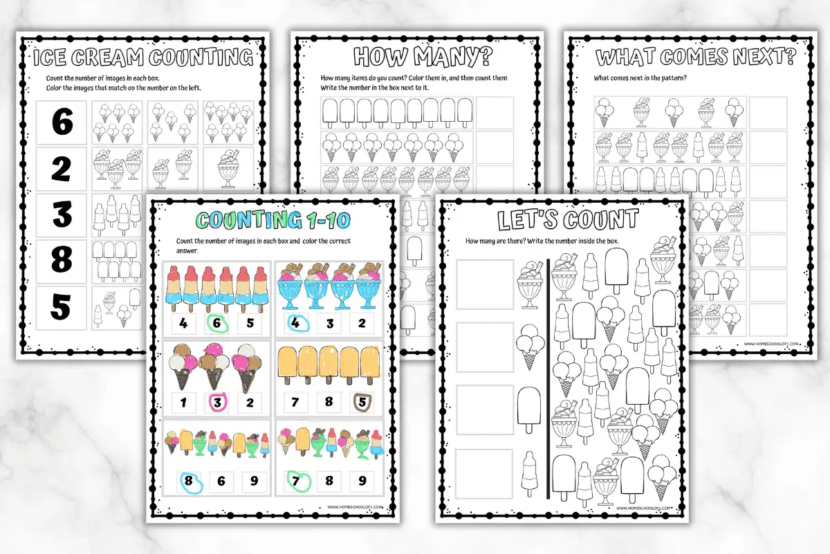 Set of five ice cream-themed math worksheets. Includes exercises like counting, matching numbers, and identifying patterns with ice cream illustrations.