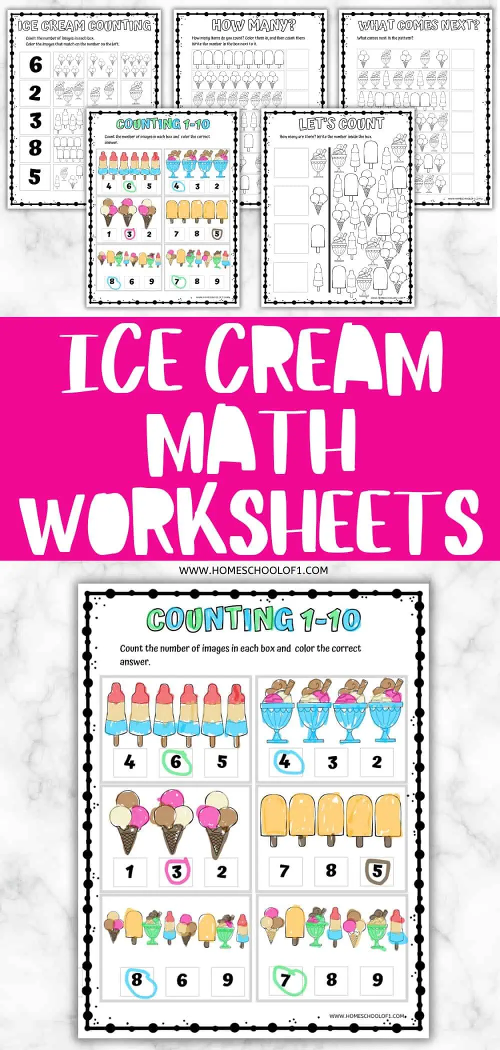 Ice cream-themed counting worksheets featuring different activities. Includes counting the number of ice cream items, matching numbers, and identifying what comes next in a sequence. 