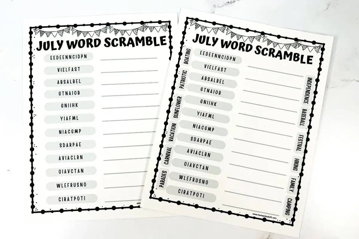 Two versions of a July-themed word scramble. The scrambled words relate to summer activities and holidays like "independence", "festival", "baseball", and "patriotic".