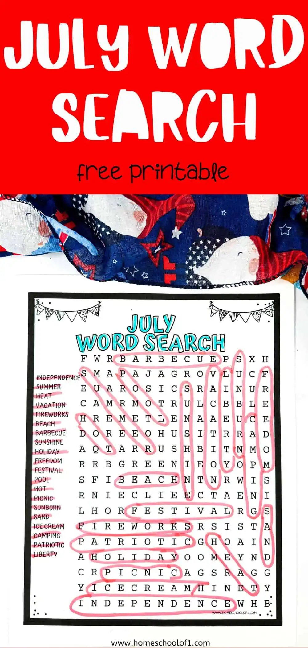 A July-themed word search with words like "independence", "summer", "heat", "vacation", and "fireworks". The puzzle is partially solved with words circled in red.