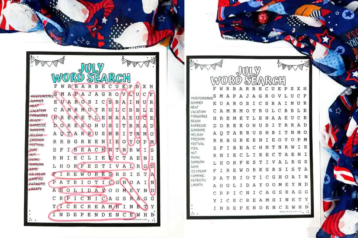 Two versions of a July-themed word search. Words include "independence", "summer", "heat", "vacation", and "fireworks". One puzzle is partially solved with words circled in red.