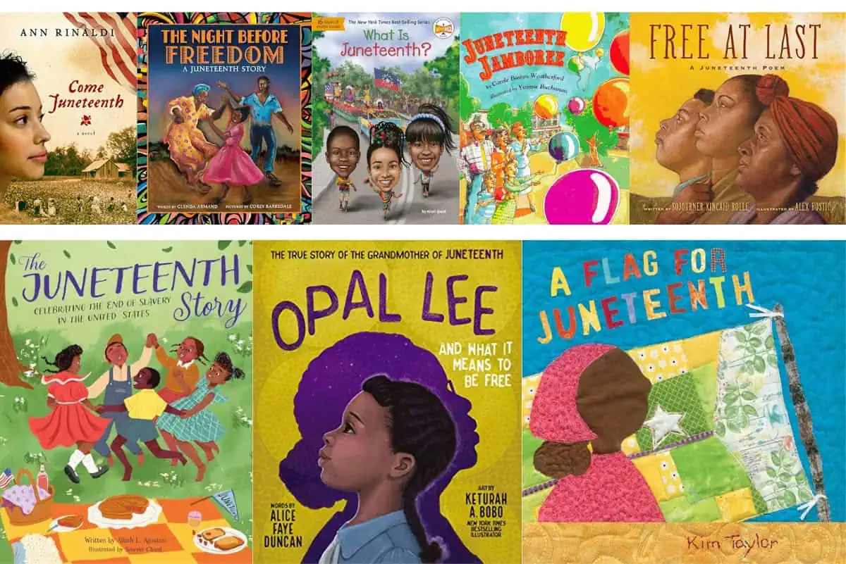 "Collection of Juneteenth-themed children's books, including titles like 'Come Juneteenth,' 'The Night Before Freedom,' 'What is Juneteenth?,' 'Juneteenth Jamboree,' 'Free at Last,' 'The Juneteenth Story,' 'Opal Lee and What It Means to be Free,' and 'A Flag for Juneteenth.' The covers depict various illustrations celebrating Juneteenth and its significance."