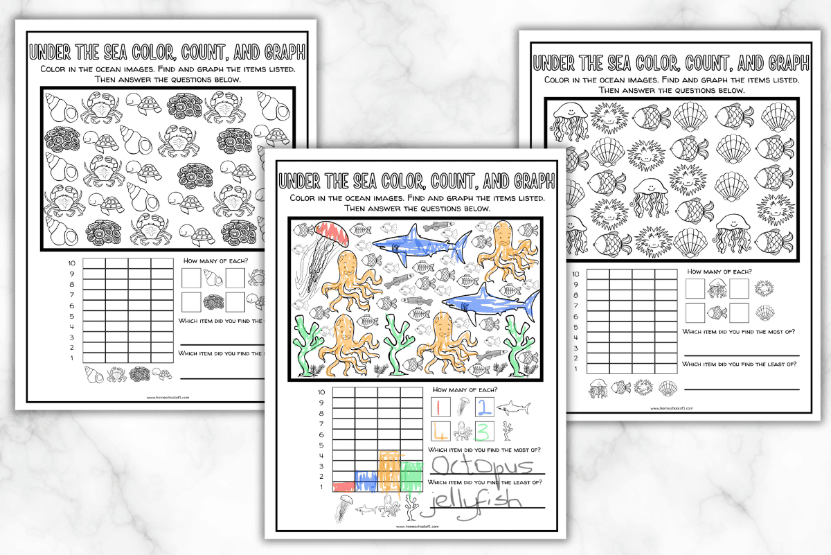 "Three Under the Sea Color, Count, and Graph worksheets displayed together. Each worksheet features different sea creatures and shells to color, count, and graph. The worksheets include sections for recording the quantities of each item and questions about the most and least found items."