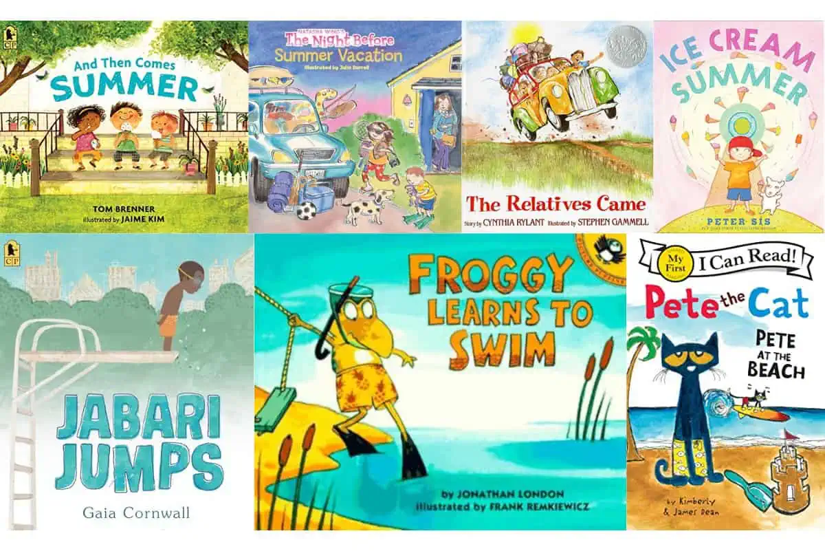 A collage of eight children's book covers about summer, including "And Then Comes Summer," "The Night Before Summer Vacation," "The Relatives Came," "Ice Cream Summer," "Jabari Jumps," "Froggy Learns to Swim," "Pete the Cat: Pete at the Beach," and "Summer Days and Nights.