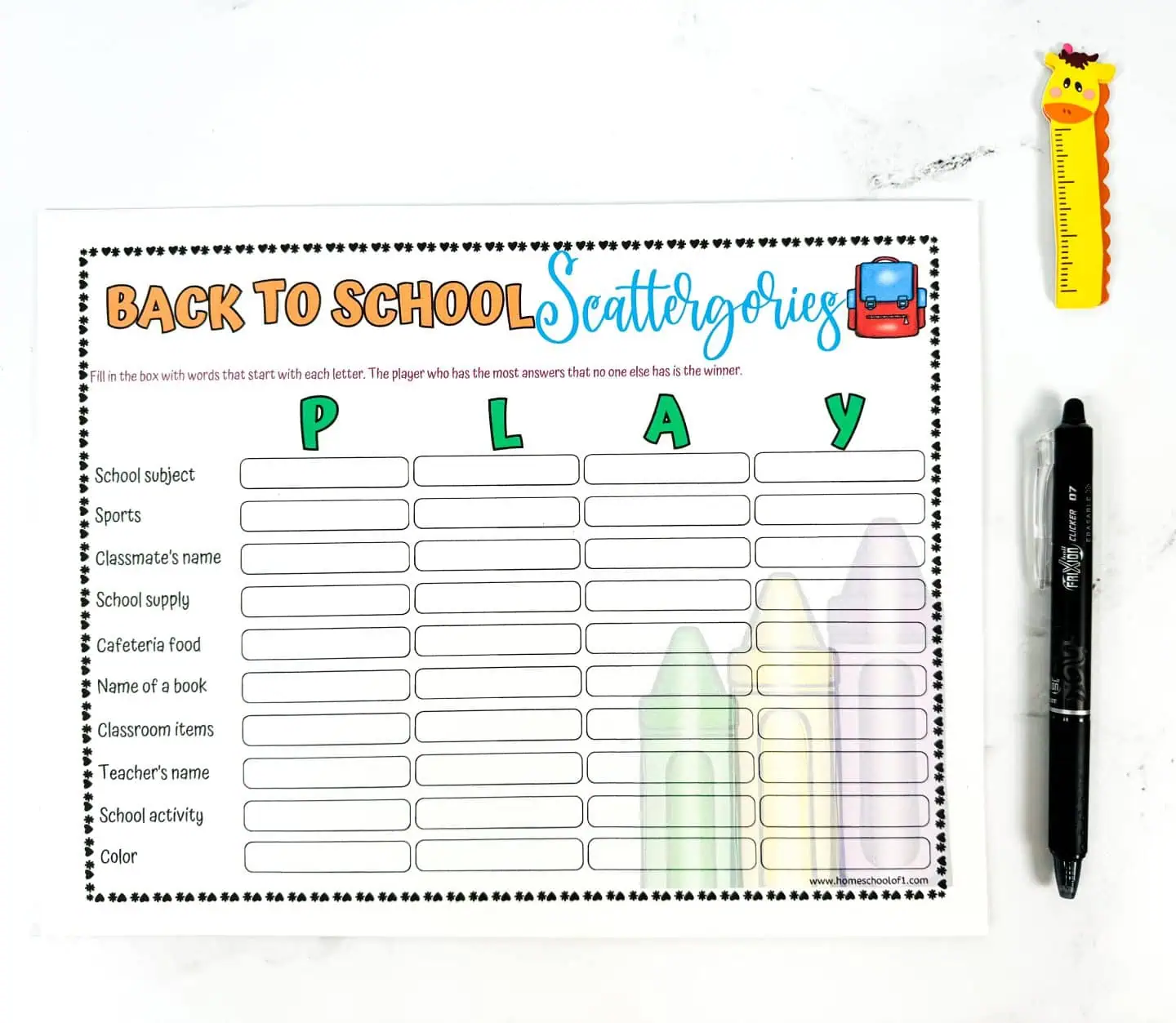 back to school scattergories board with the letters PLAY