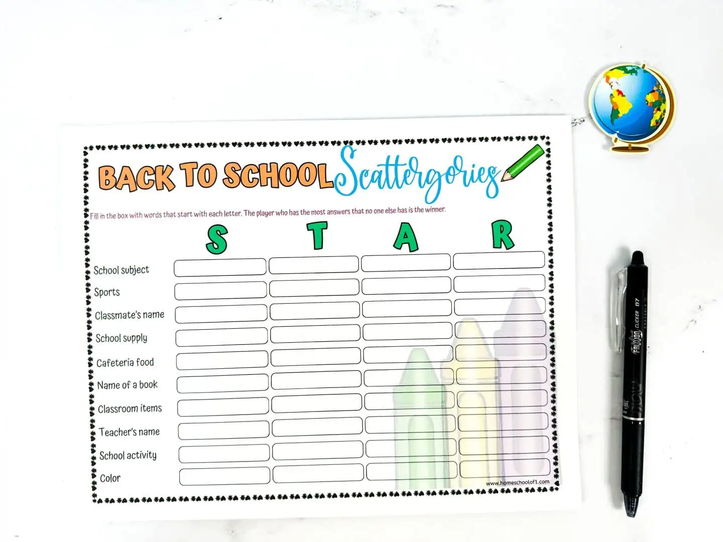 back to school scattergories board with the letters STAR