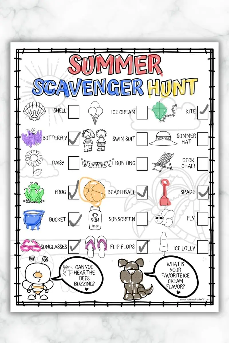 partially completed summer scavenger hunt printable, with colored images and check marks.