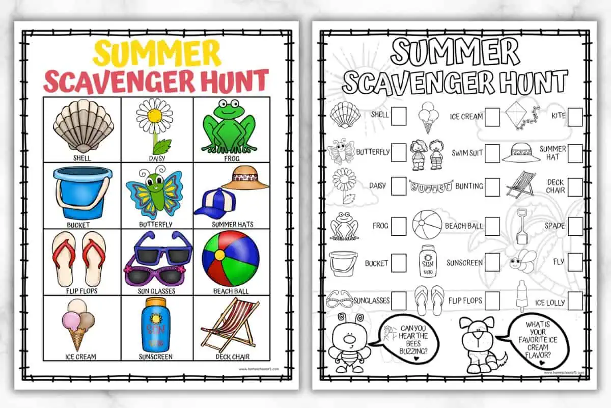 A set of two summer scavenger hunt printables. The left printable features colorful images of a shell, daisy, frog, bucket, butterfly, summer hats, flip flops, sunglasses, beach ball, ice cream, sunscreen, and a deck chair arranged in a grid. The right printable is a black and white version with the same items plus additional ones like a swimsuit, bunting, spade, fly, and kite, along with checkboxes next to each item. The title 'Summer Scavenger Hunt' is prominently displayed at the top of both printables.