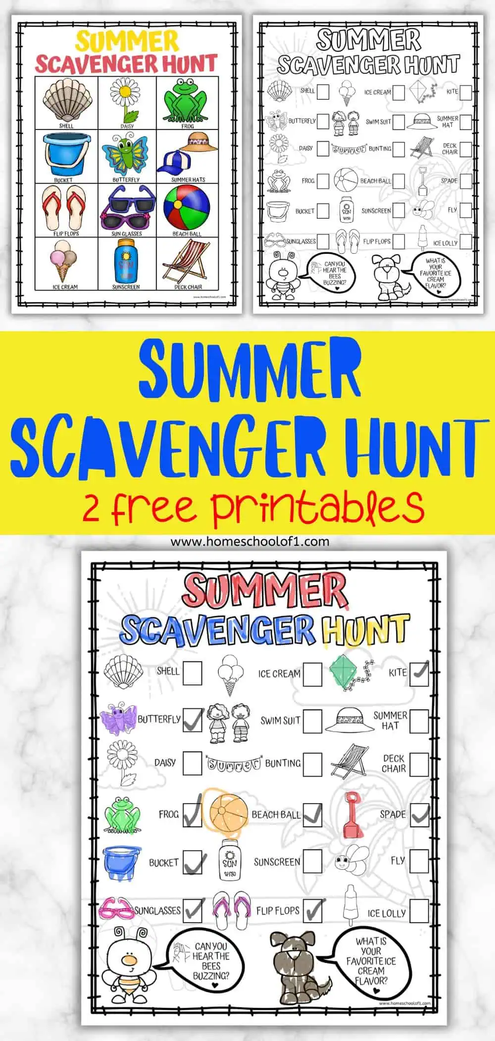 A set of two summer scavenger hunt printables. The left printable features colorful images of a shell, daisy, frog, bucket, butterfly, summer hats, flip flops, sunglasses, beach ball, ice cream, sunscreen, and a deck chair arranged in a grid. The right printable is a black and white version with the same items plus additional ones like a swimsuit, bunting, spade, fly, and kite, along with checkboxes next to each item. The title 'Summer Scavenger Hunt' is prominently displayed at the top of both printables.