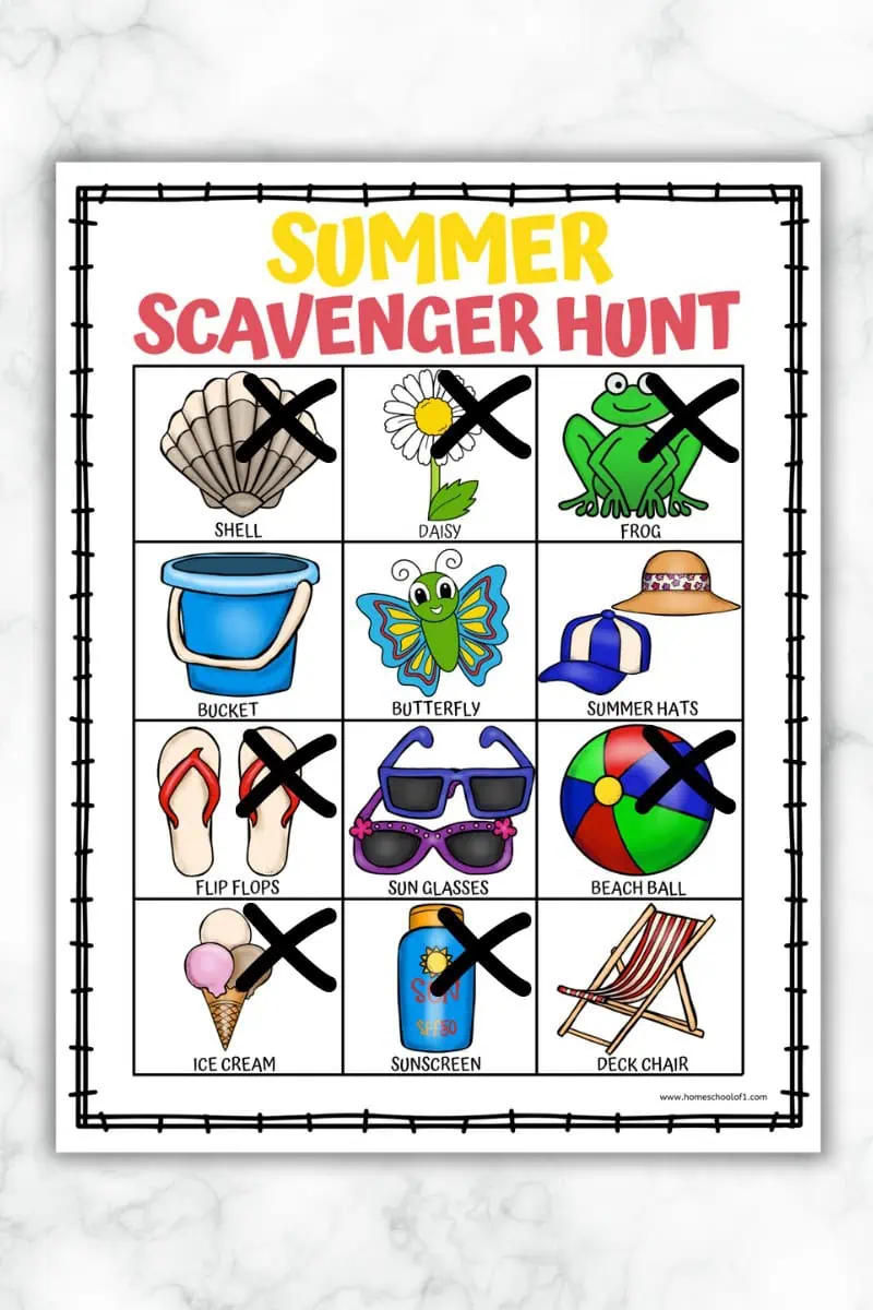 Summer treasure hunt printable featuring 12 summer-themed images, some of which have been crossed out.