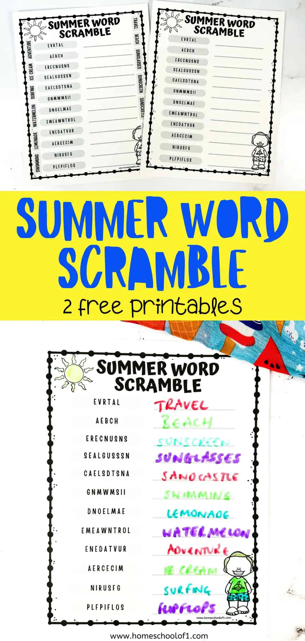 Two versions of a summer-themed word scramble. Words include "travel", "beach", "sunglasses", "watermelon", and "surfing". One puzzle is partially solved with words written in colorful markers.