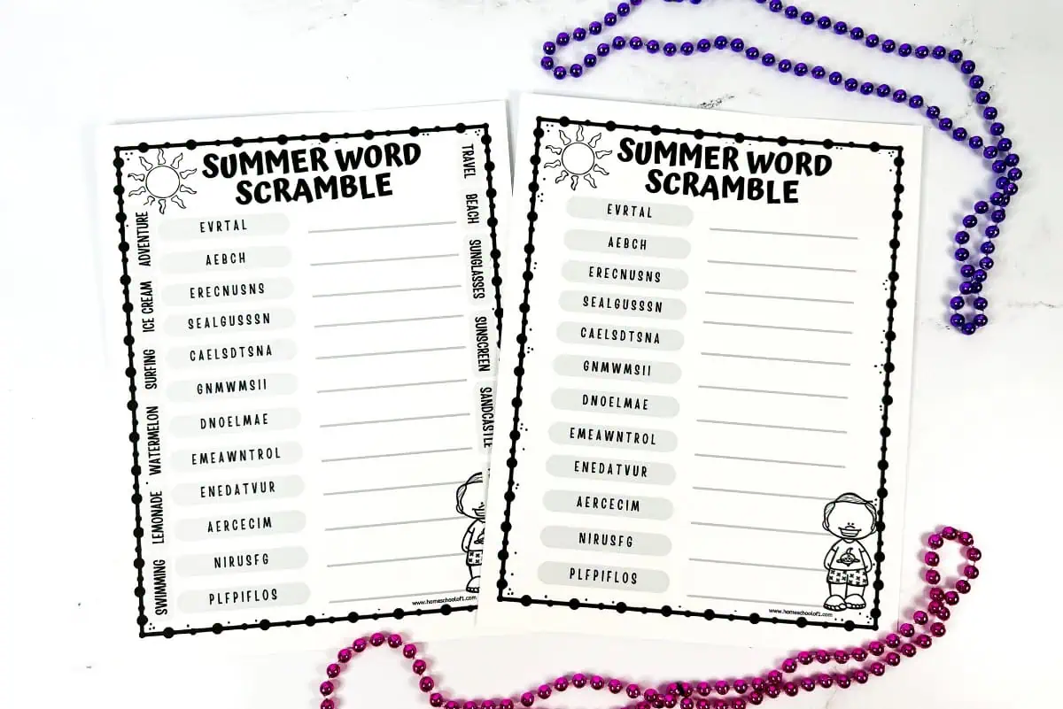 Two versions of a summer-themed word scramble. Words include "travel", "beach", "sunglasses", "watermelon", and "surfing". One puzzle is partially solved with words written in colorful markers.