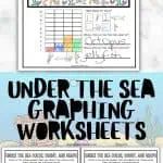 "Under the Sea Color, Count, and Graph worksheet featuring various sea creatures including octopuses, sharks, and fish. The worksheet includes instructions to color the images, count and graph the items listed, and answer questions about the quantities. The bottom section shows a bar graph and answers indicating 'Octopus' as the most found item and 'Jellyfish' as the least found item."