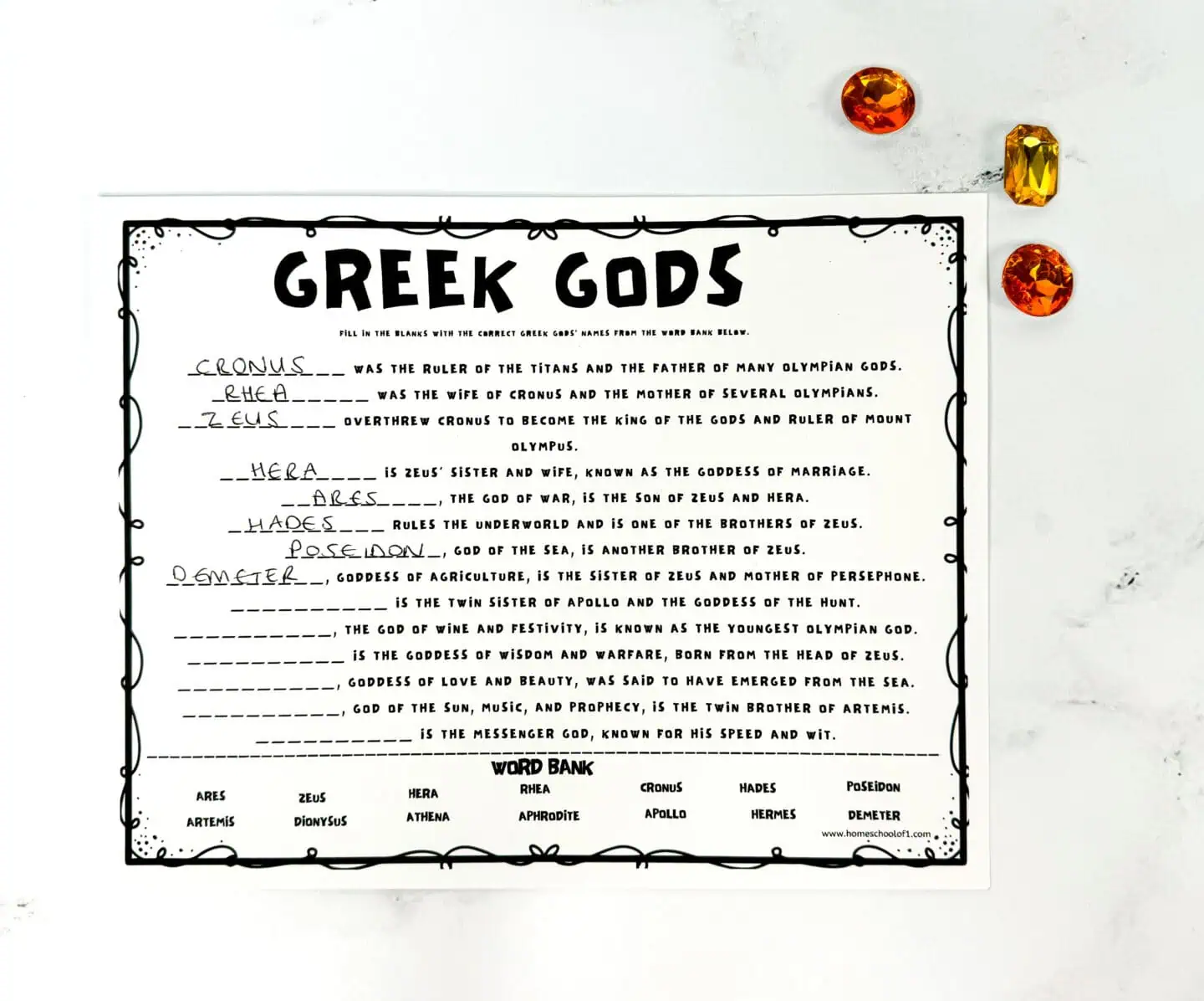 greek gods family tree worksheet