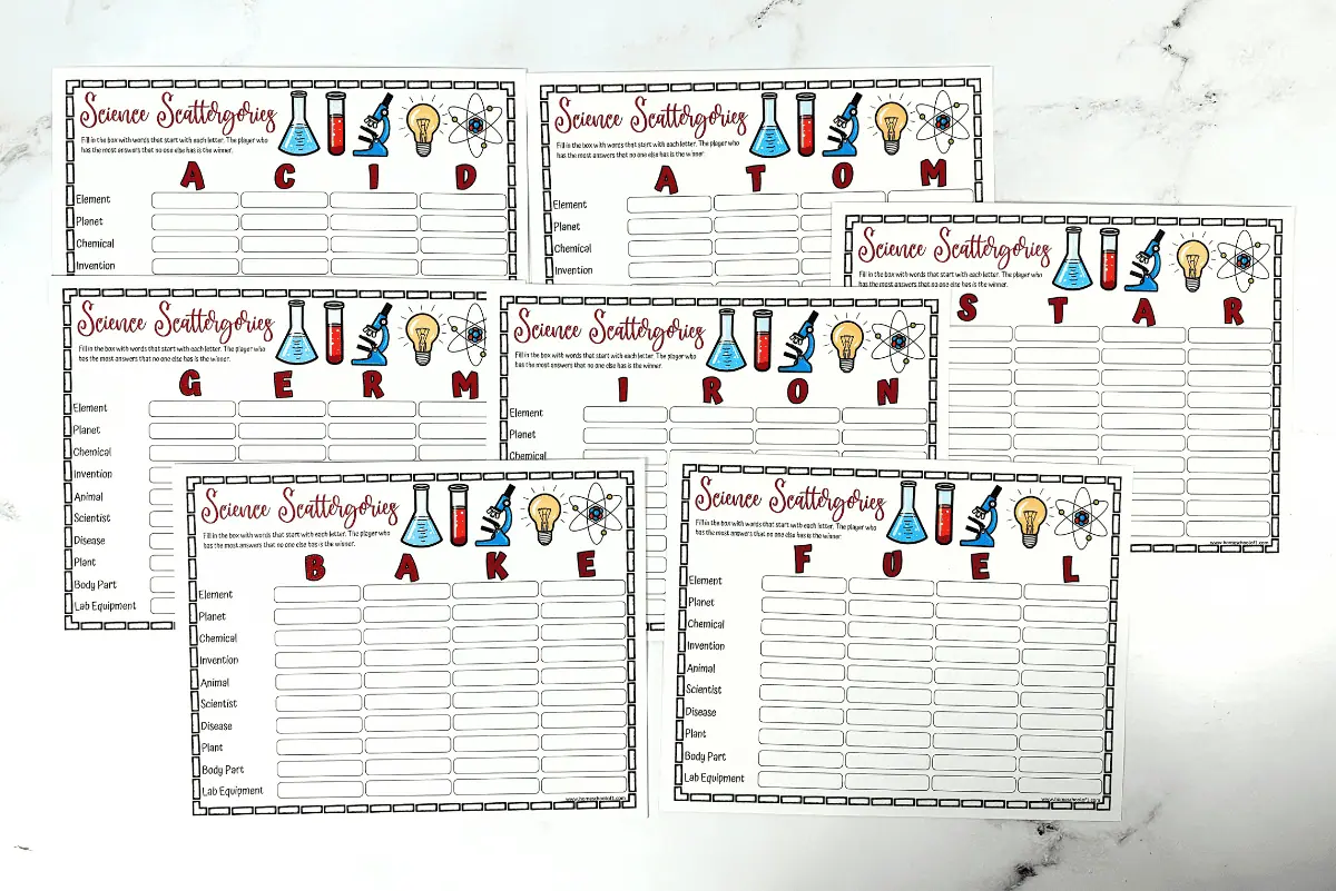 science scattergories printable