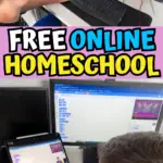 boy working at home on his computer doing math. the words free online homeschool in the middle and below is another boy doing coding in his homeschool