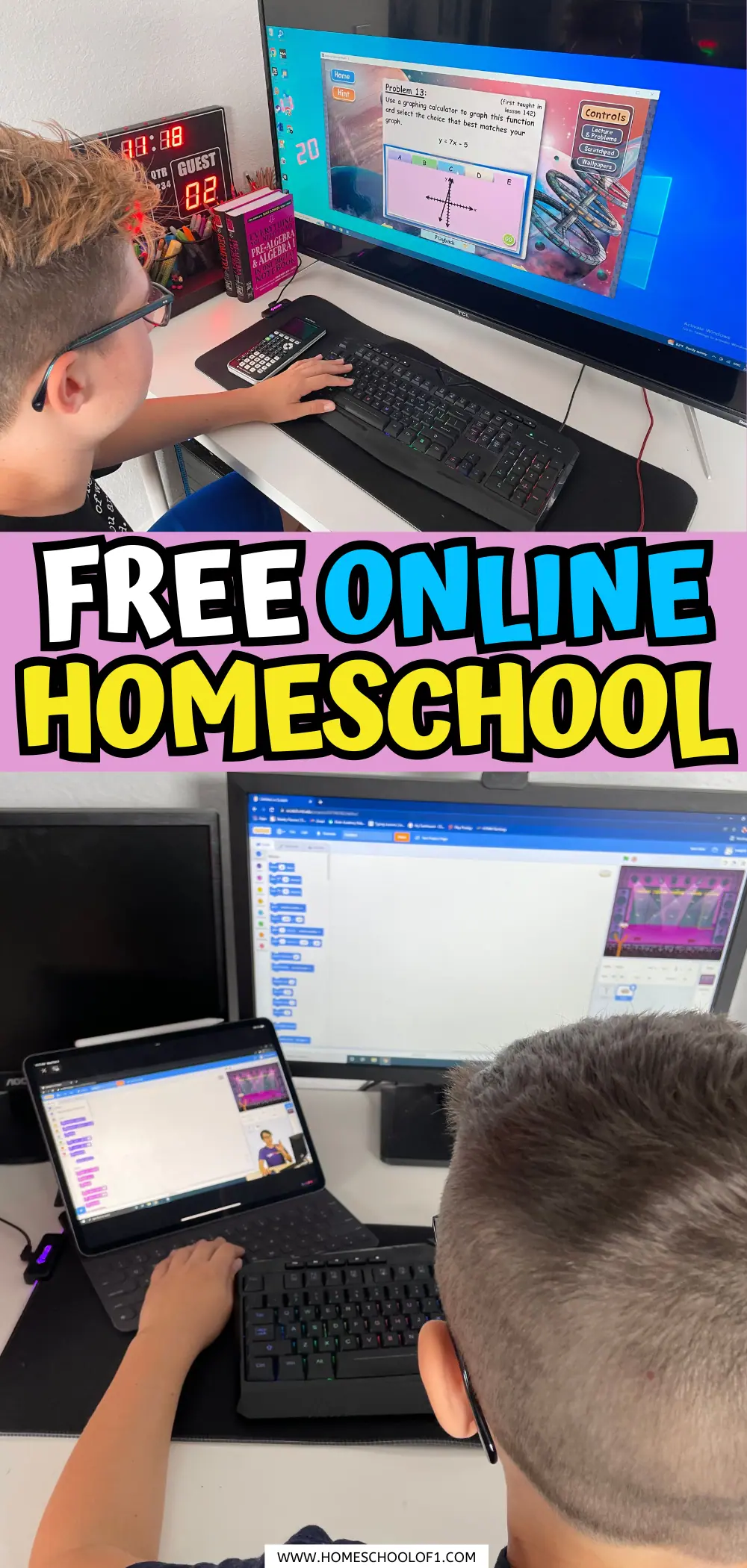 boy working at home on his computer doing math. the  words free online homeschool in the middle and below is another boy doing coding in his homeschool