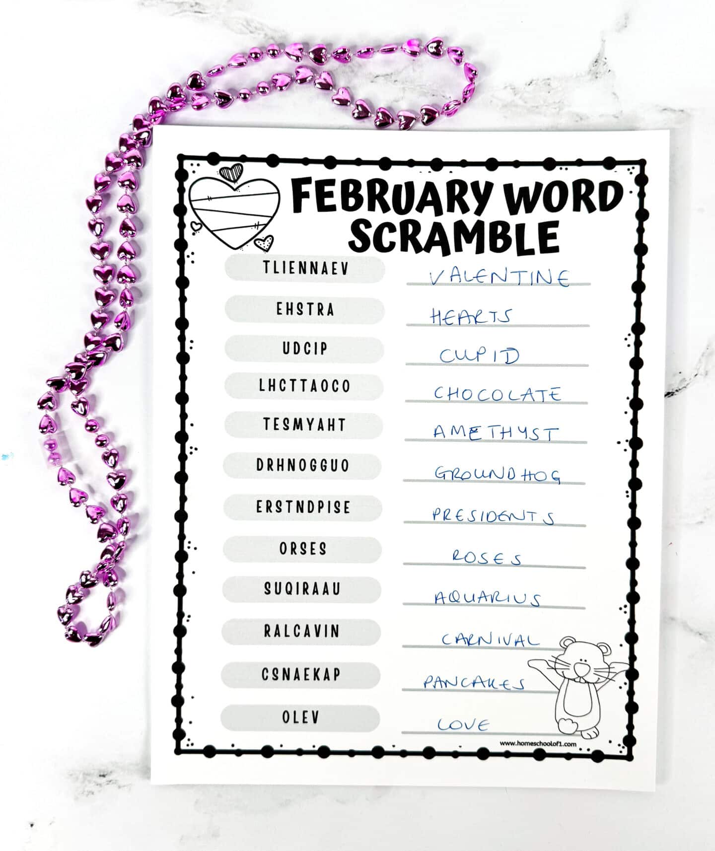 february word scramble answers