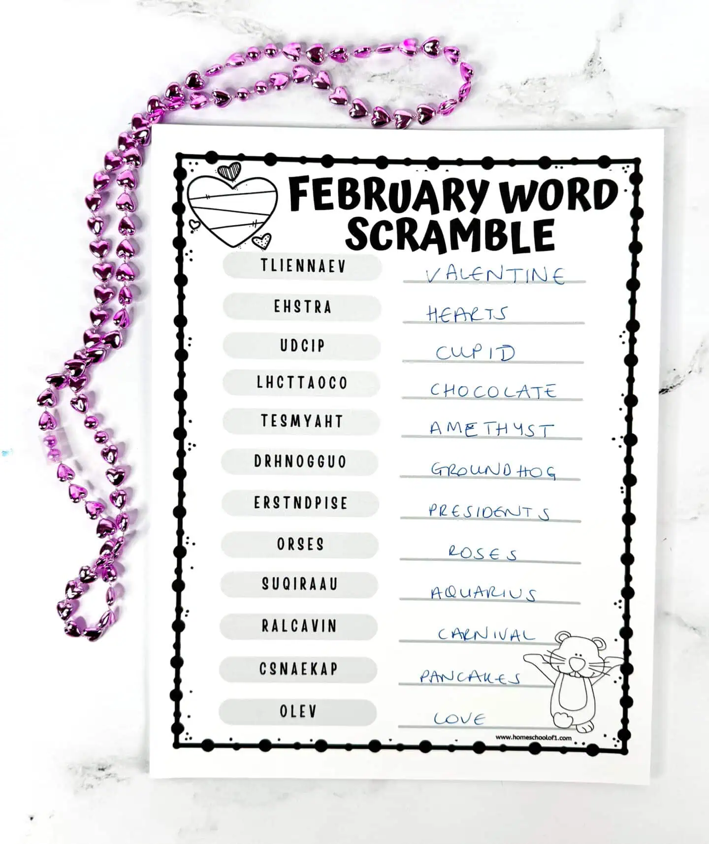 Free February Word Scramble Printable