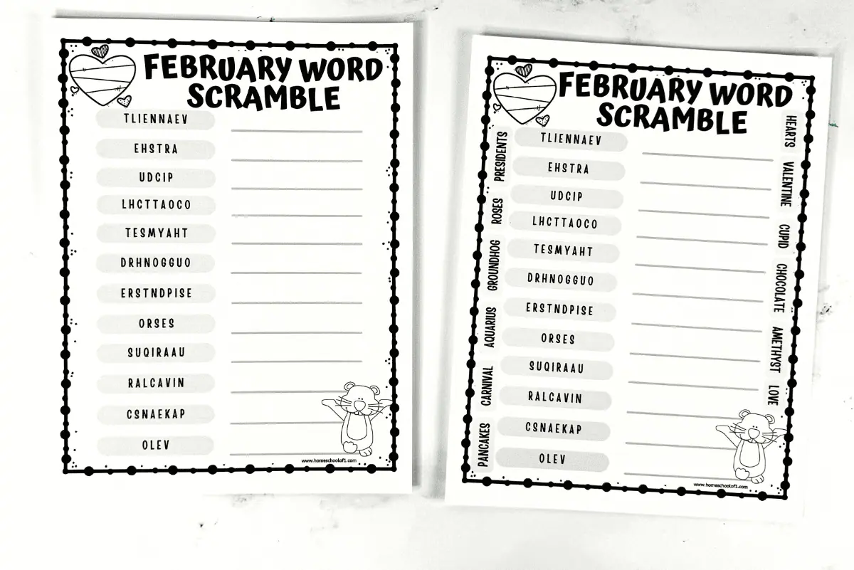 february word scramble free printable