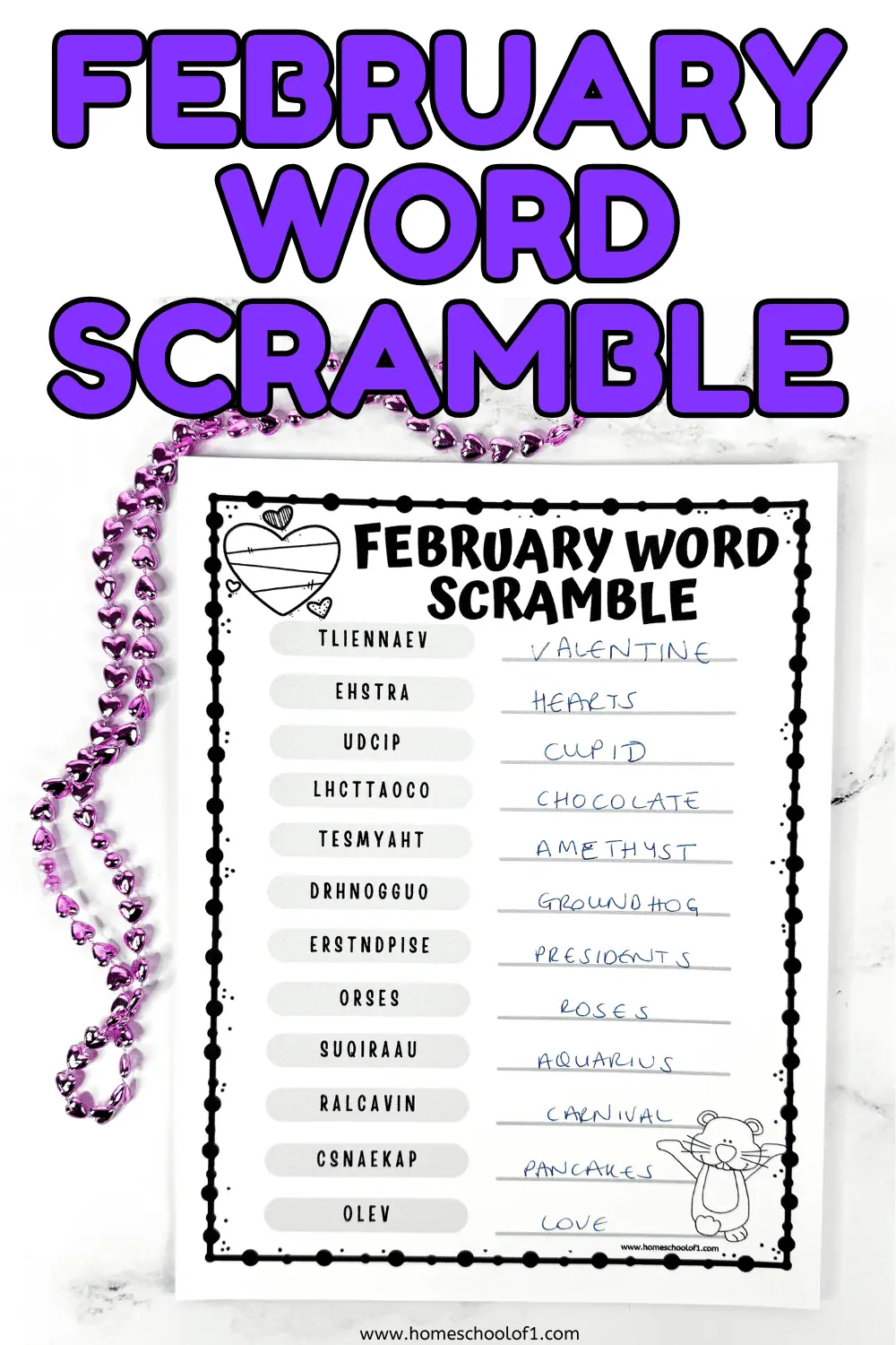 Free February Word Scramble Printable