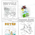 bicycle, kayak and airplane coloring pages