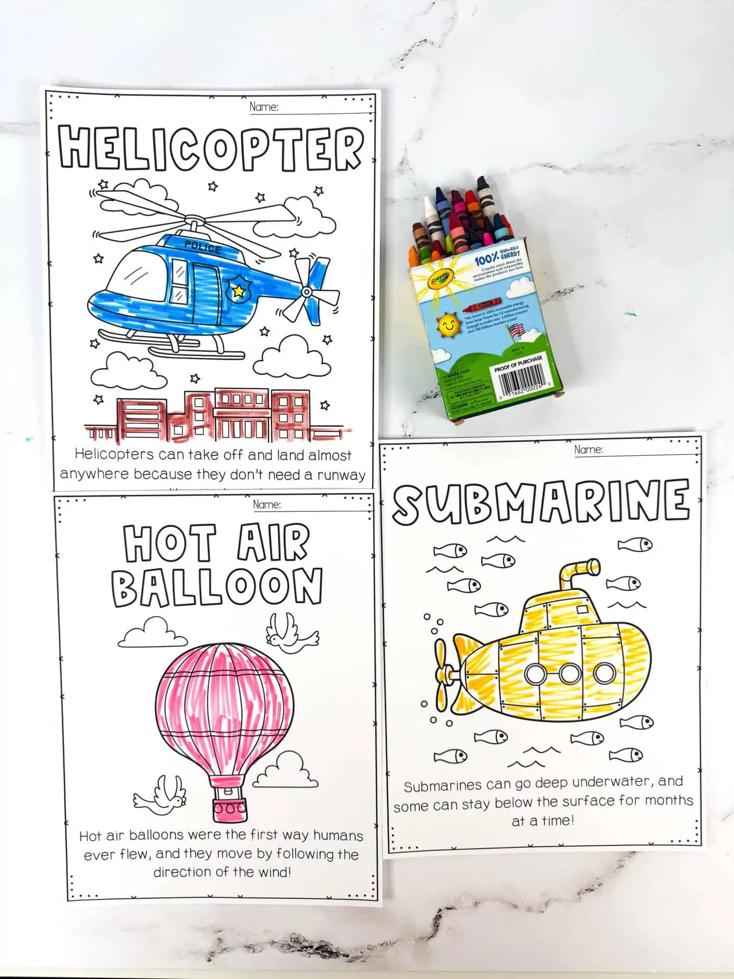 helicopter hot air balloon and submarine transportation coloring pages