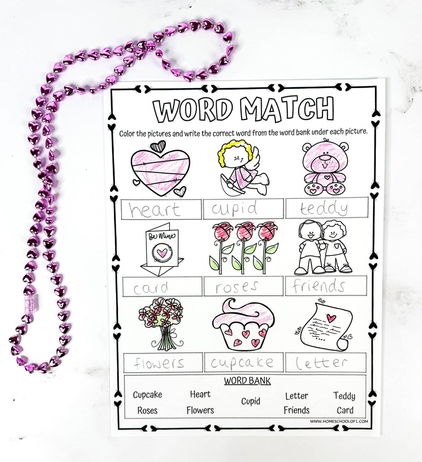 valentine's day word match worksheet