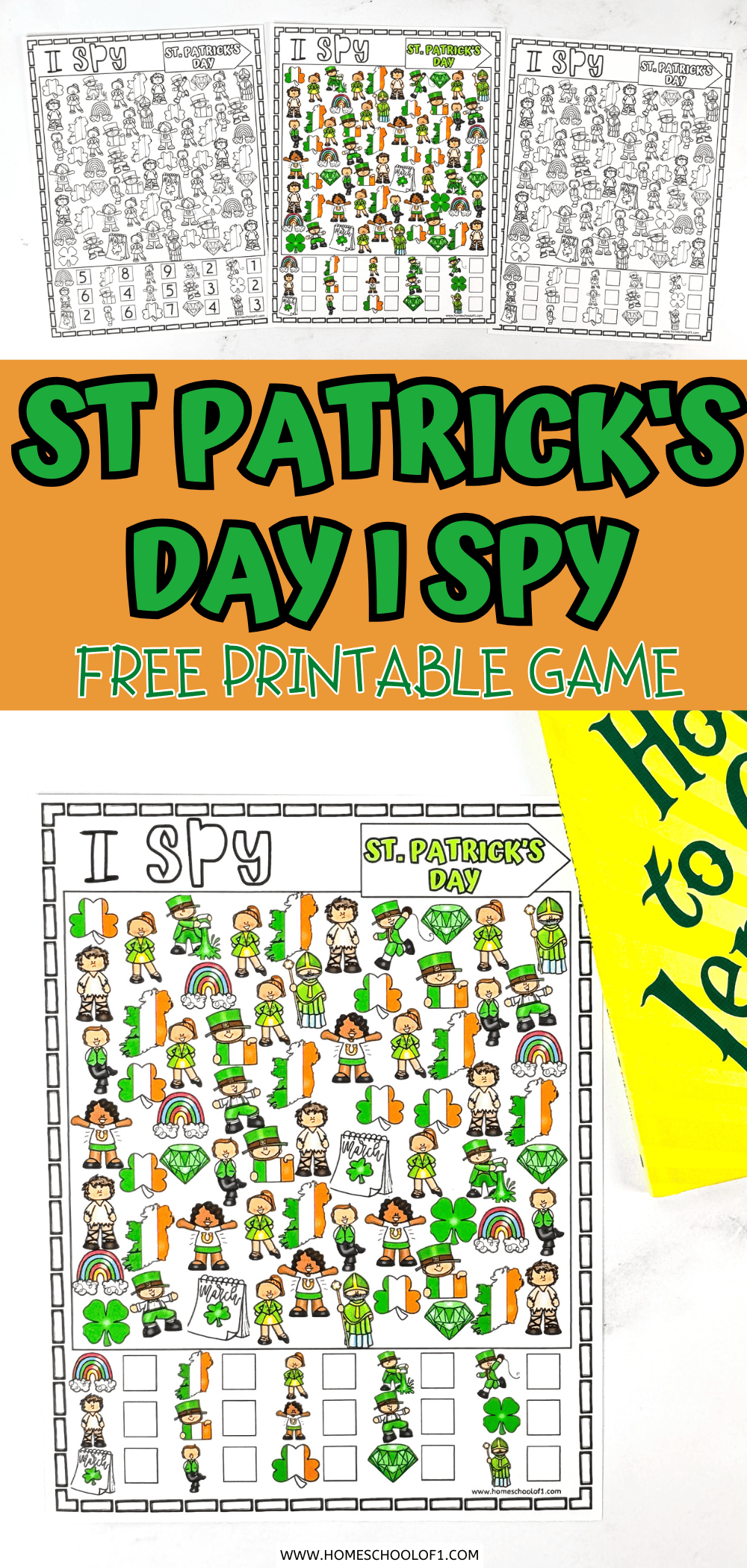 A fun St. Patrick’s Day I Spy printable for kids featuring shamrocks, leprechauns, and more.