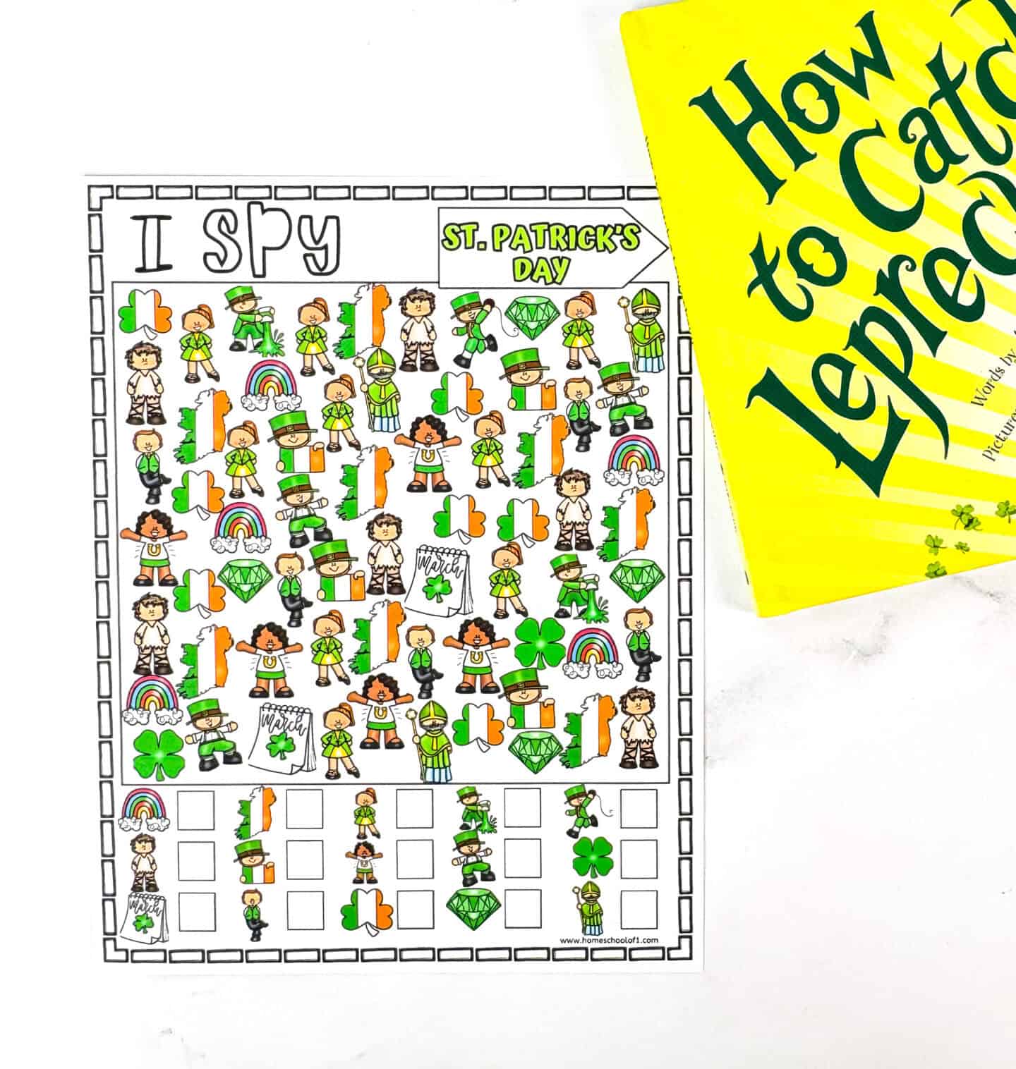 Printable St. Patrick’s Day I Spy worksheet for early learners, great for counting and visual recognition skills.