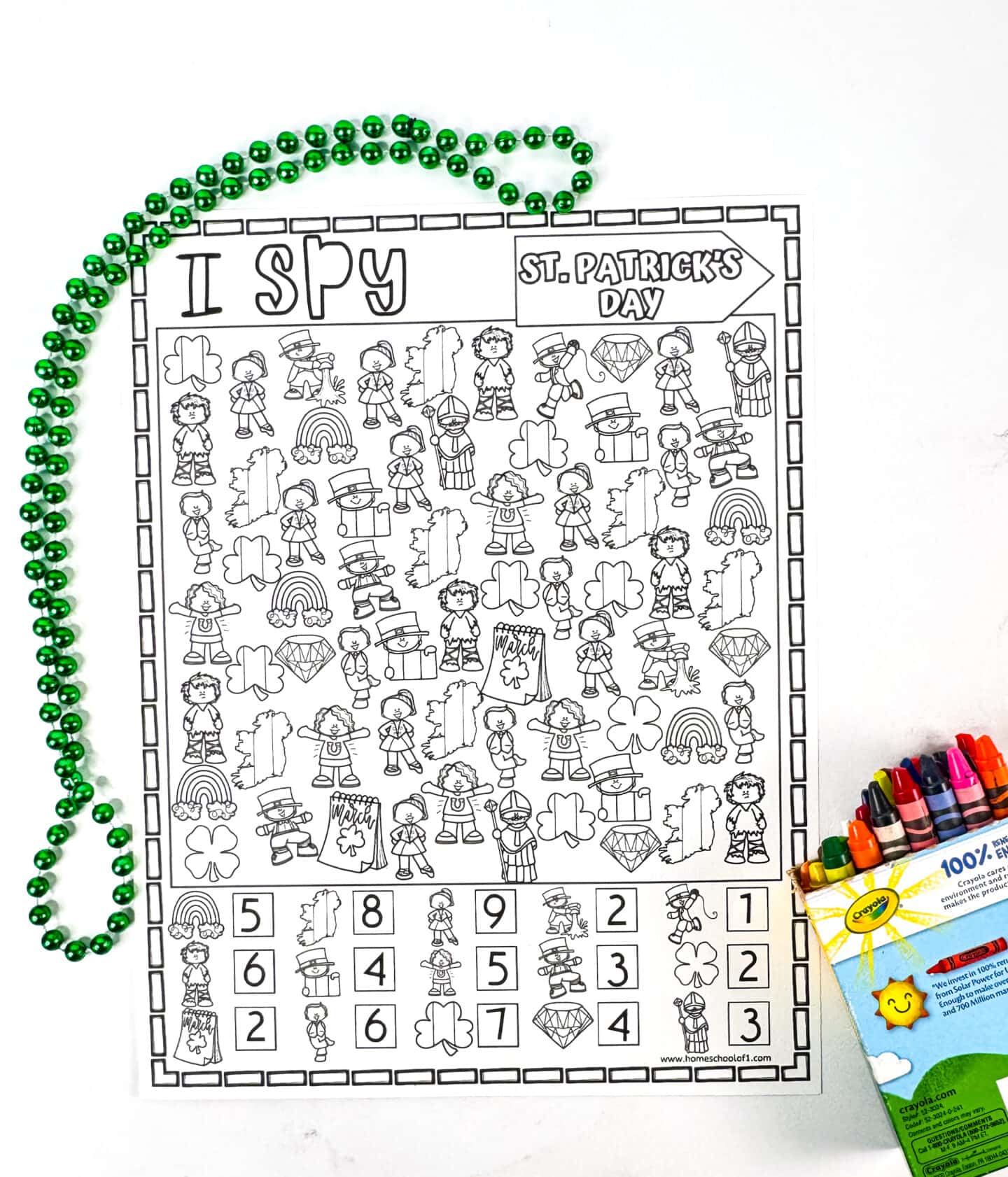 Answer key for the St. Patrick’s Day I Spy printable, including a bonus coloring page for extra fun